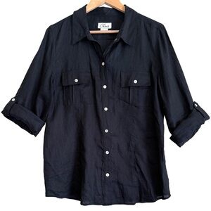 CHAUS 100% Linen Lightweight Minimalist Roll-Tab Sleeves Button Down Shirt Sz 12